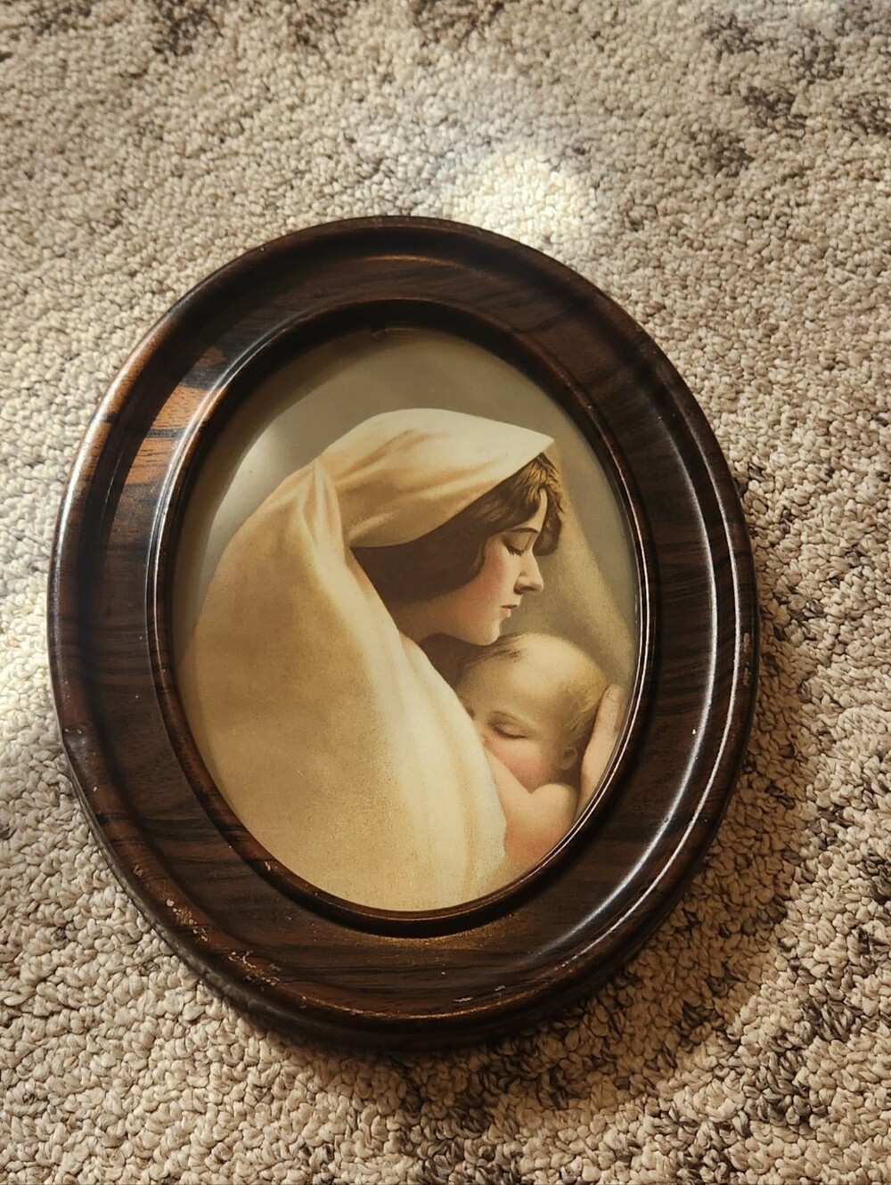 Vintage Framed Madonna and Child Wall Art - Cream and Brown